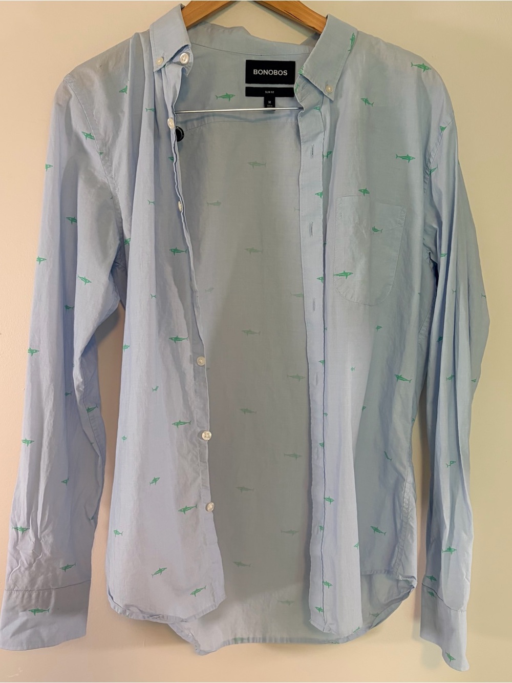 Bonobos Button Up Shirt Slim Fit Size M  Light Blue Green Shark Pattern